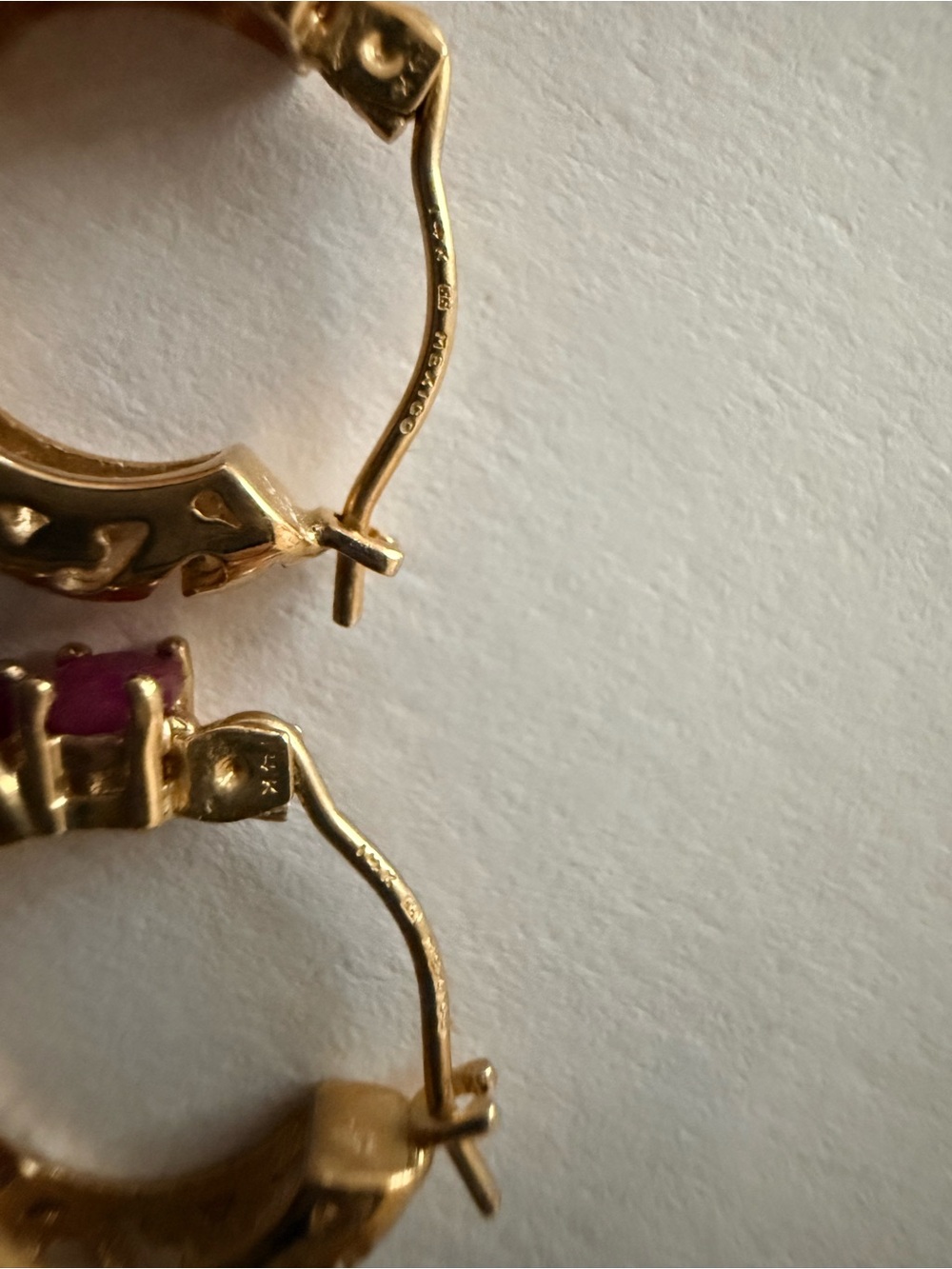 14k gold and Ruby Huggie Hoop Earrings - Picture 6 of 7